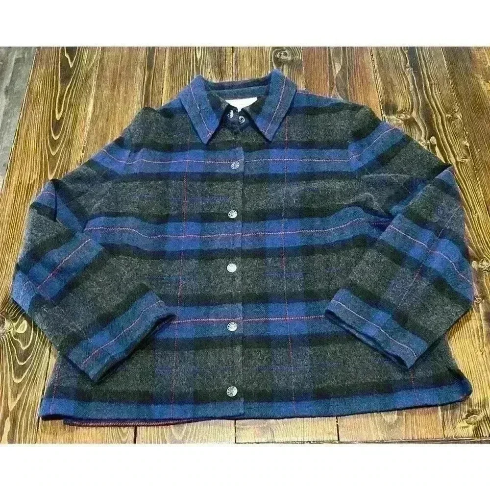 Vintage Evan Picone Sz 14 Wool Blend Plaid Jacket Blue Gray Red